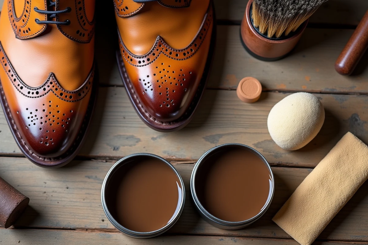Flat lay des accessoires de cirage pour chaussures : cirage, brosses, chiffon et richelieus en cuir tann&eacute; sur bois vintage