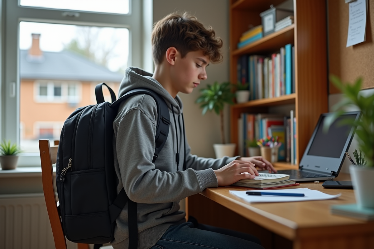 Adolescent organisant ses livres dans son sac à la maison