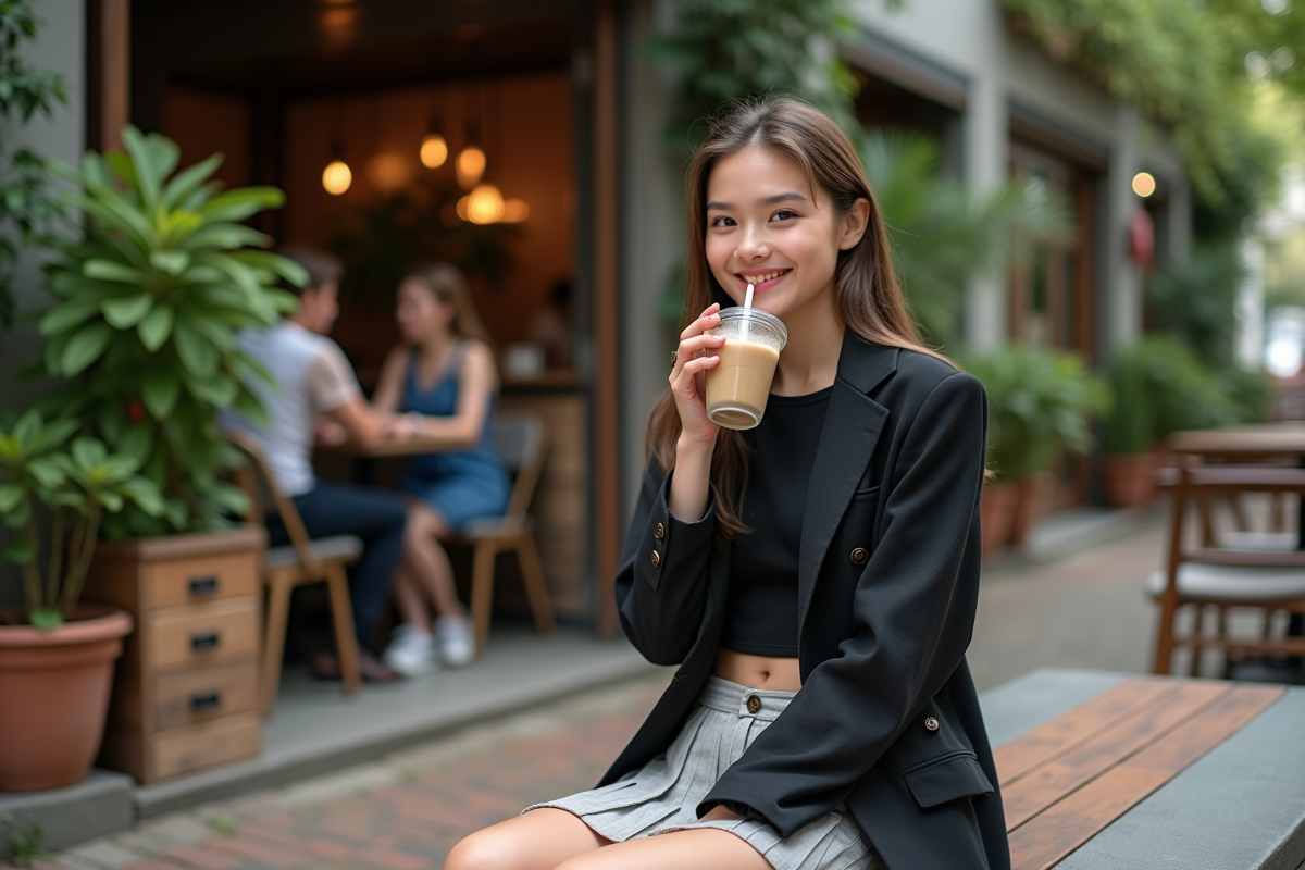 Adolescente souriante dans un café en plein air