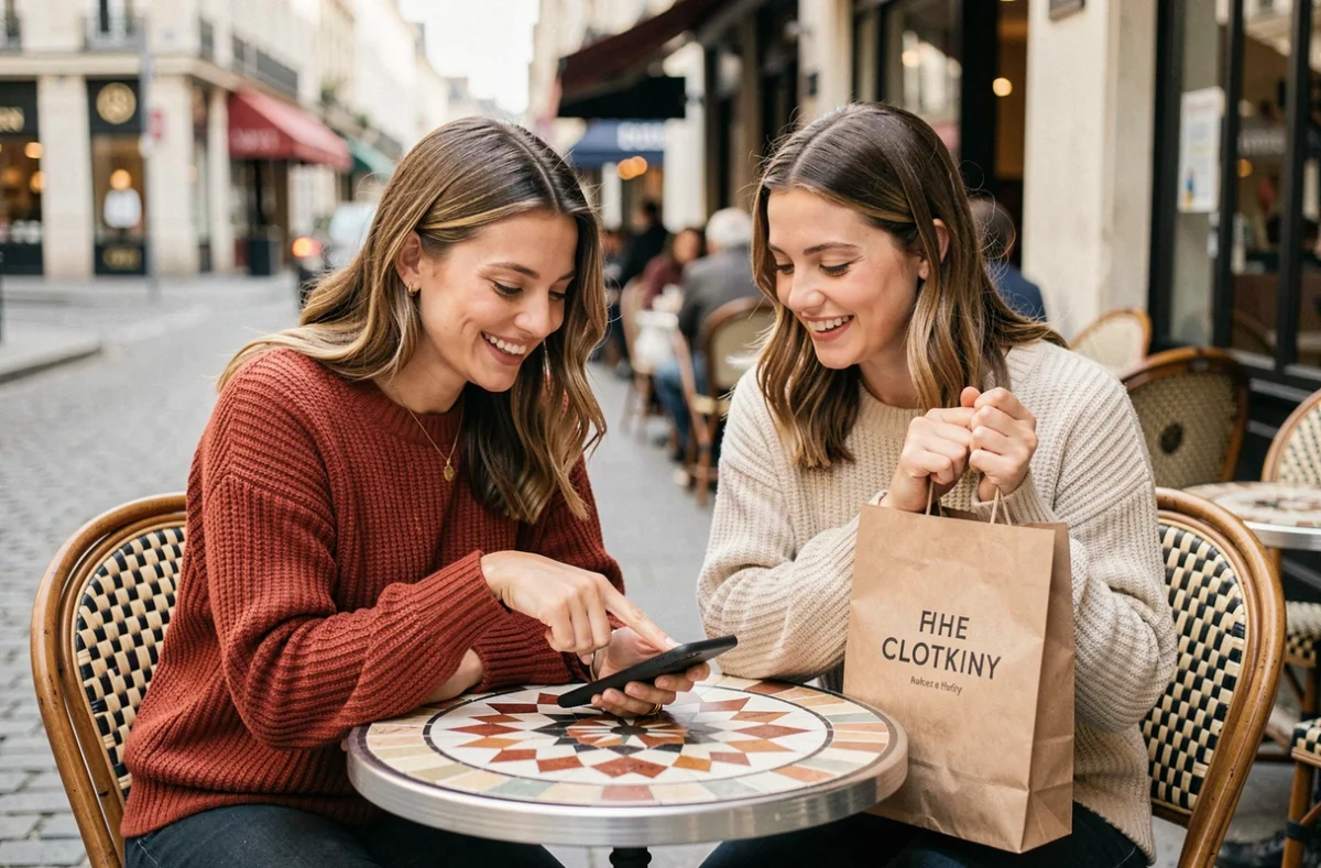 Deux amies en tenues en maille confortable partageant des bons plans shopping Pilou Pilou Store autour d'un café en terrasse