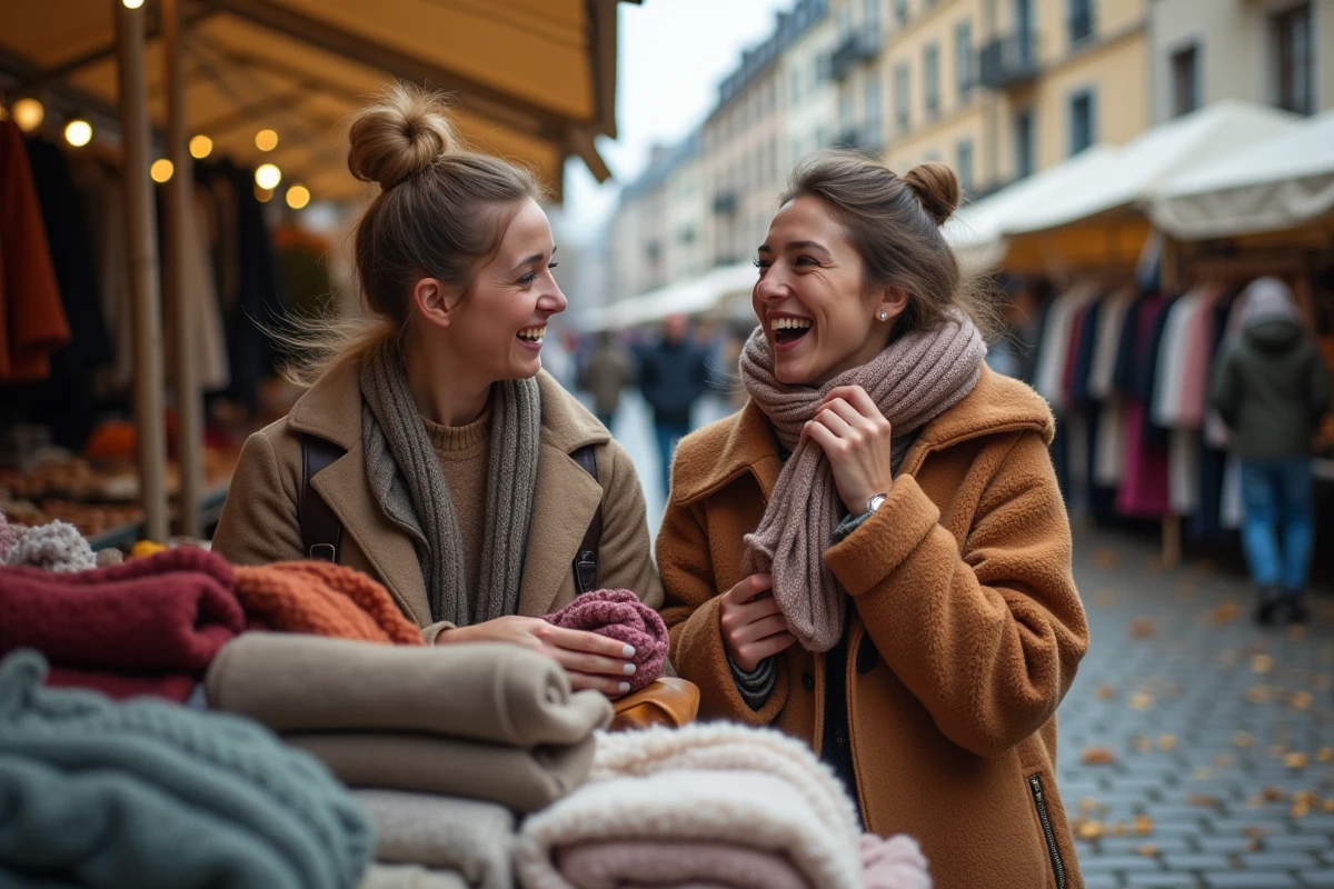 Deux amis riant en triant des vêtements d'occasion dans un marché aux puces en automne, mode friperie tendance 2026 à petit budget