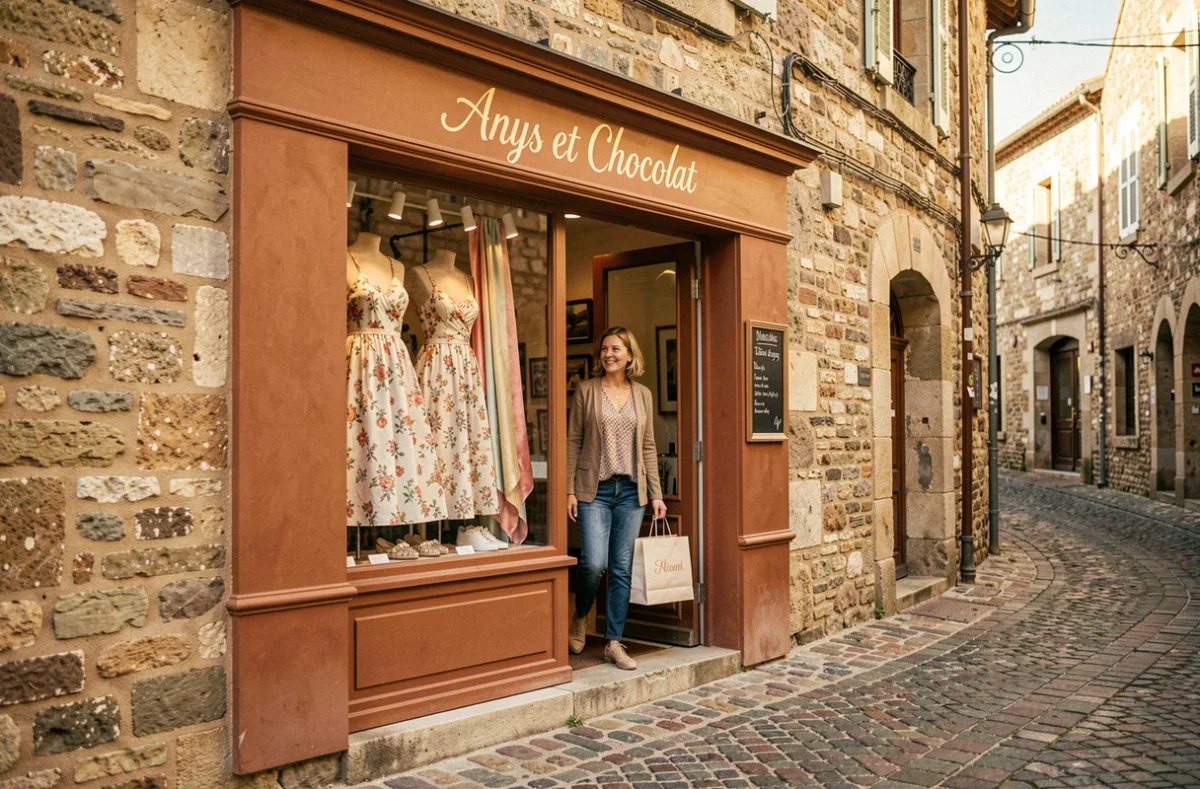Façade charmante de la boutique Anys et Chocolat à Riom avec une vitrine habillée de robes fleuries et de foulards en soie