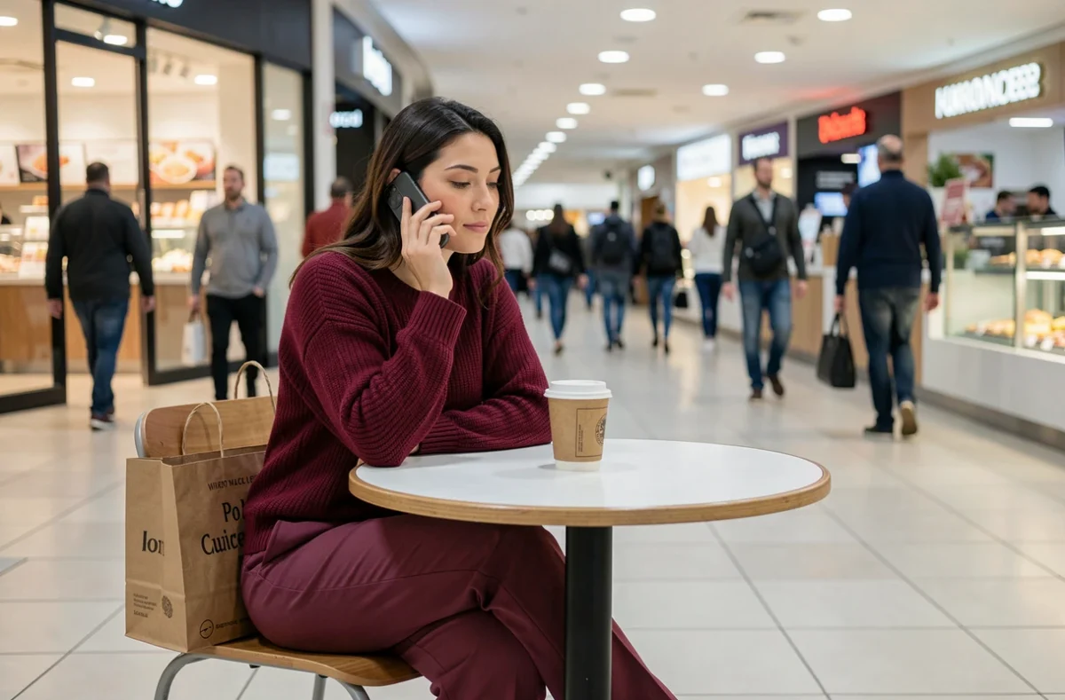 Femme passant un appel téléphonique au service client C&A depuis un centre commercial