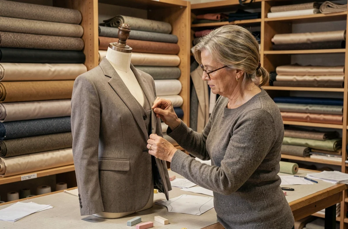Couturière concentrée épinglant une veste sur mesure sur un mannequin de couture dans l'atelier Blatin à Clermont-Ferrand