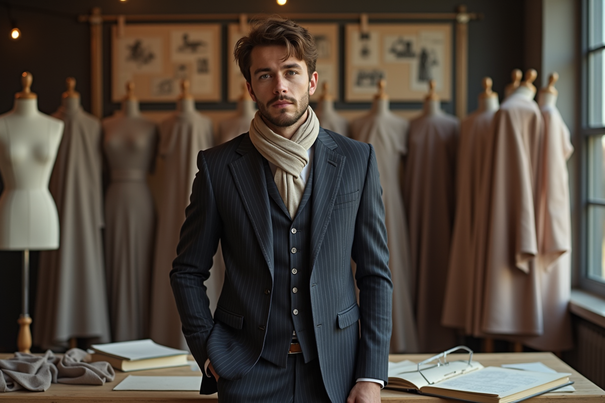 Jeune homme dans un atelier de mode avec tissus et croquis