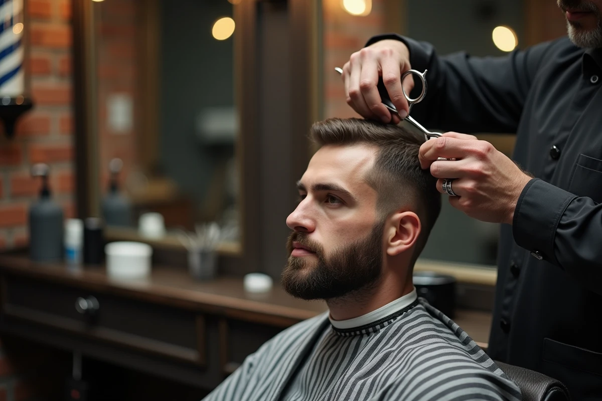 Barbier professionnel en train de réaliser une coupe couronne précise sur un client, gros plan sur les ciseaux et le travail de coiffure