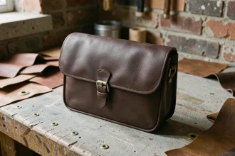 Besace en cuir pleine fleur marron foncé posée sur béton brut dans un atelier artisanal, style minimaliste