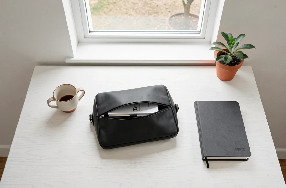 Besace cuir noir minimaliste ouverte sur un bureau en chêne blanc avec carnet et café, style home office scandinave