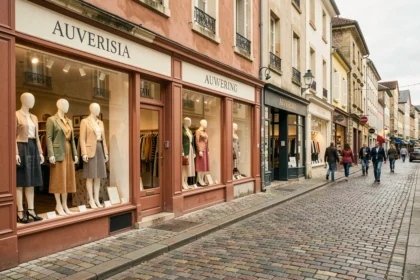 Vue d'ensemble d'une rue commerçante du Puy-de-Dôme avec des boutiques de prêt-à-porter féminin indépendantes et des vitrines élégantes