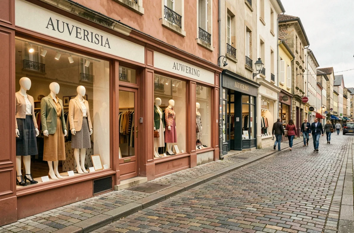 Vue d'ensemble d'une rue commerçante du Puy-de-Dôme avec des boutiques de prêt-à-porter féminin indépendantes et des vitrines élégantes