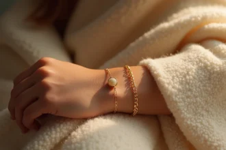 Bracelet doré TRESOR porté au poignet d'une femme sur fond de cachemire ivoire, style bijou hiver élégant