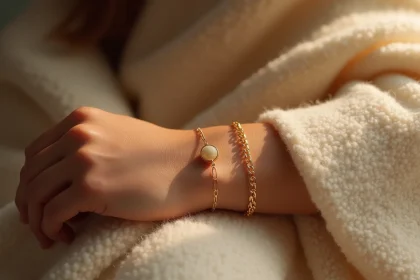 Bracelet doré TRESOR porté au poignet d'une femme sur fond de cachemire ivoire, style bijou hiver élégant