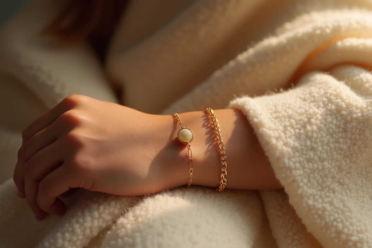 Bracelet doré TRESOR porté au poignet d'une femme sur fond de cachemire ivoire, style bijou hiver élégant