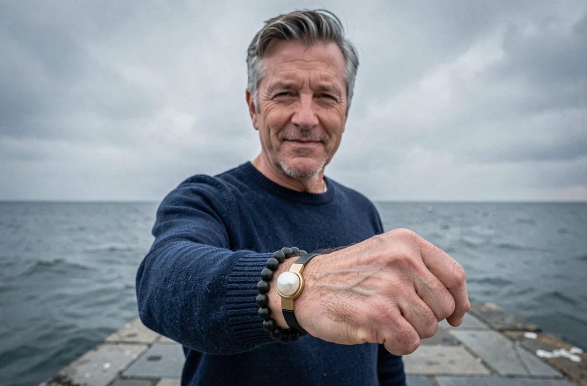 Homme mature portant un bracelet de perles de Tahiti noires sur un ponton en pierre face à la mer