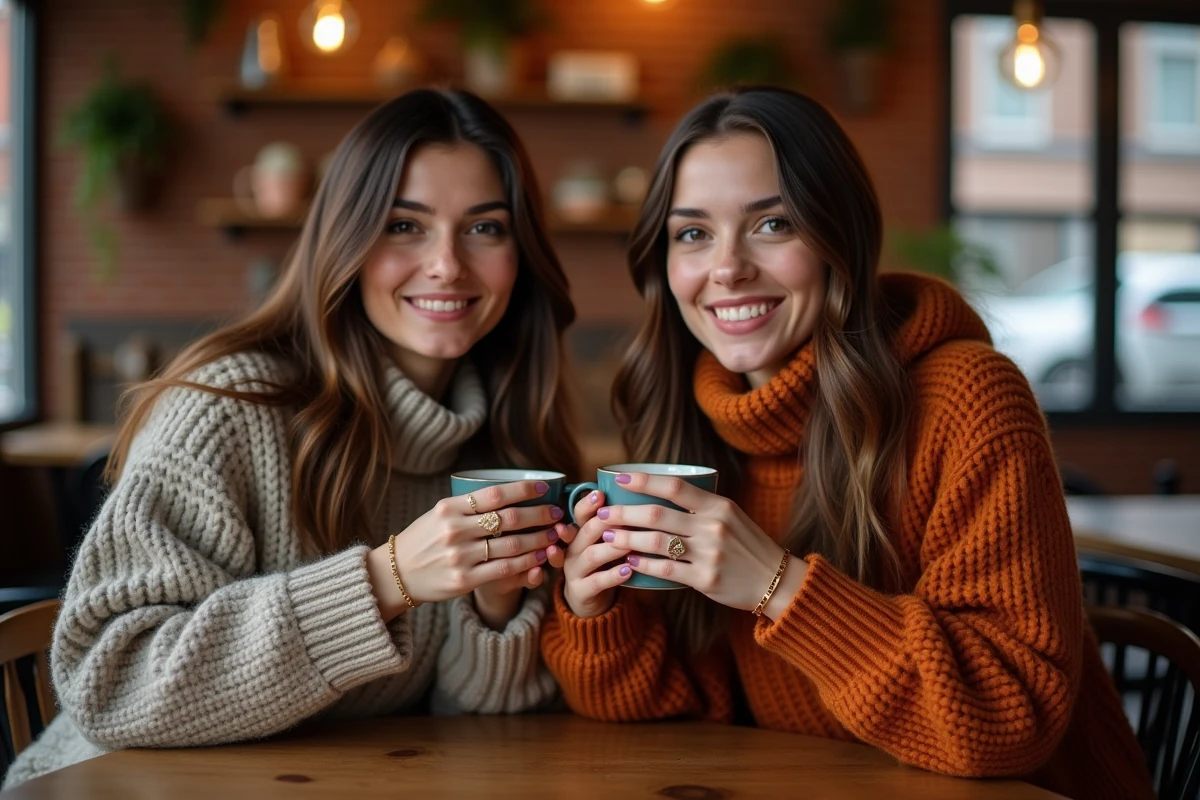 Deux femmes en pull d'hiver dans un café rustique, l'une portant un bracelet doré TRESOR autour d'une tasse de café