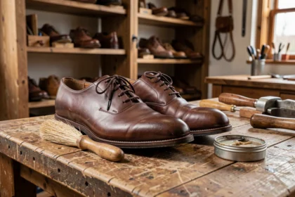 Brosse à chaussure en crin naturel posée à côté d'une paire d'oxford en cuir lisse marron sur un établi de cordonnier