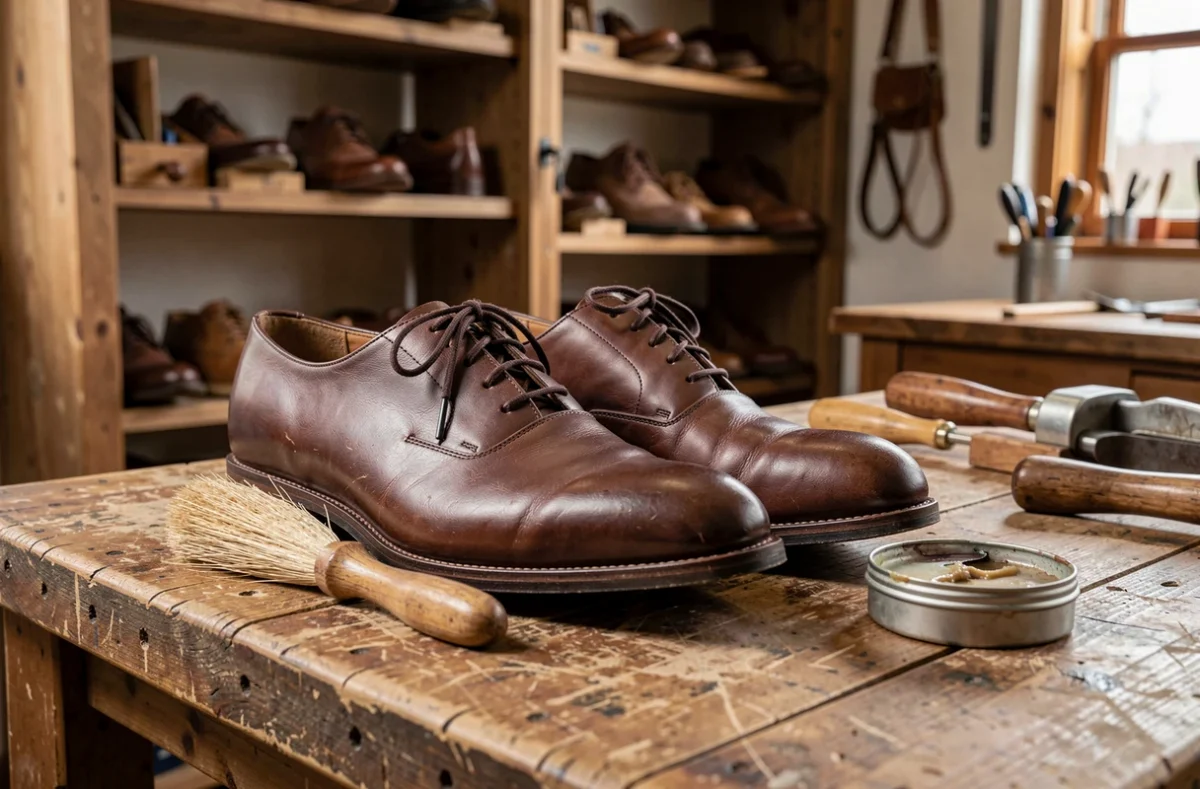 Brosse à chaussure en crin naturel posée à côté d'une paire d'oxford en cuir lisse marron sur un établi de cordonnier