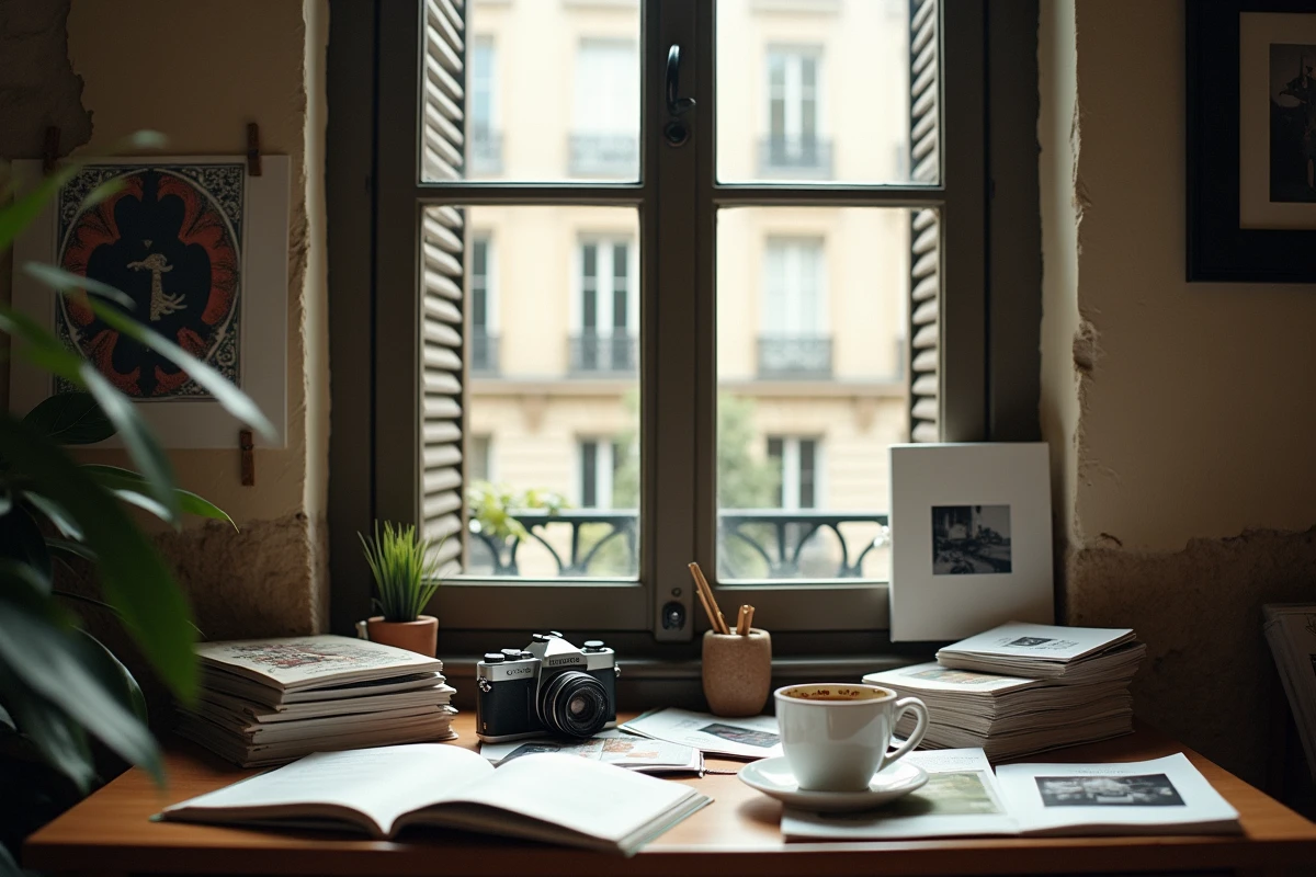 Bureau créatif parisien avec appareil photo argentique, tirages photo épinglés au mur et magazines épars, ambiance intime d'un espace de travail photographique