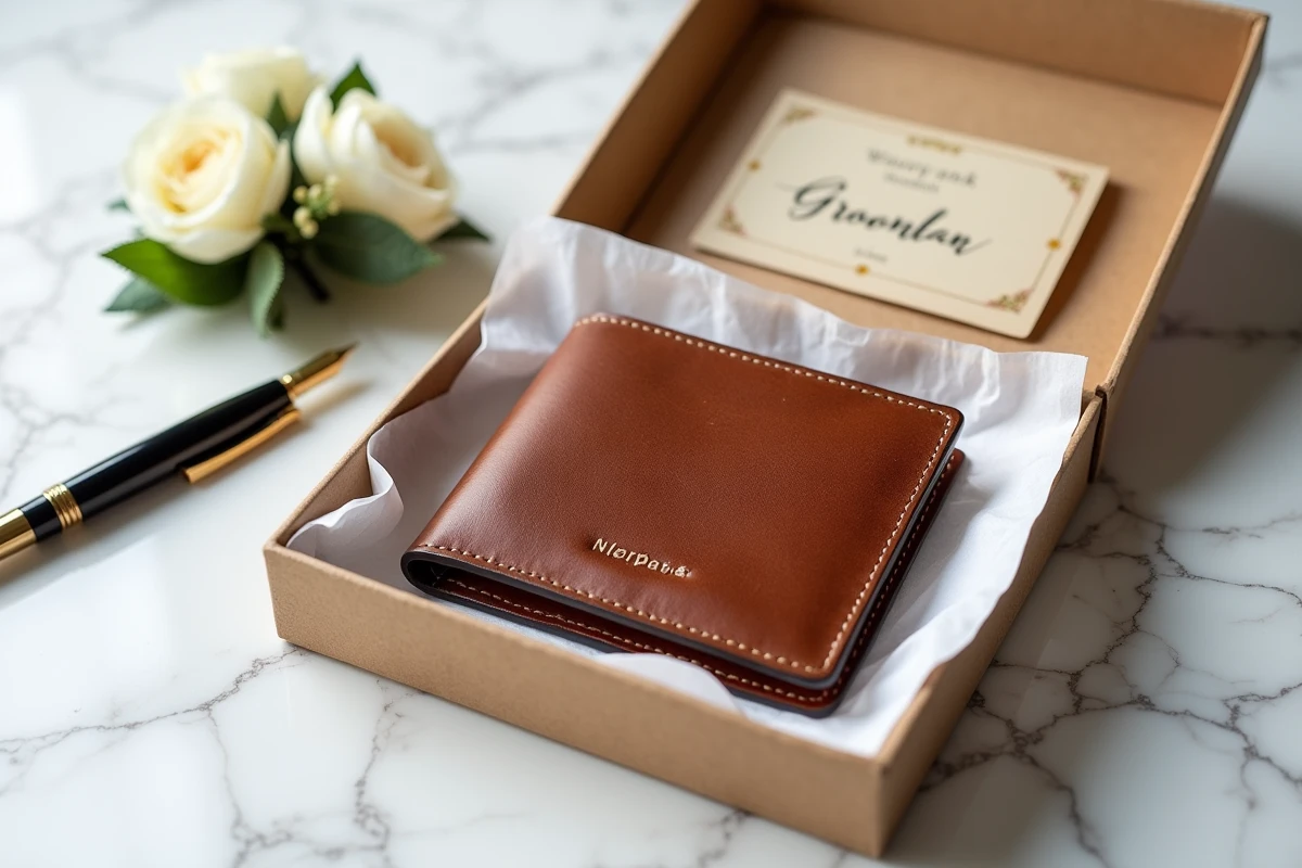 Portefeuille personnalisé dans une boîte cadeau kraft pour témoin de mariage avec carte manuscrite et boutonnière