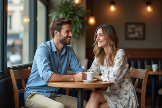 Jeune couple discutant dans un café parisien