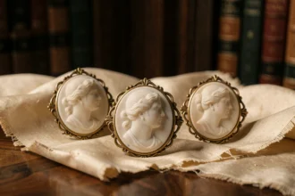 Trois camées antiques en coquille avec portraits féminins classiques posés sur tissu de soie ivoire, bijoux symboliques et historiques