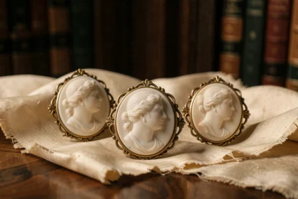 Trois camées antiques en coquille avec portraits féminins classiques posés sur tissu de soie ivoire, bijoux symboliques et historiques