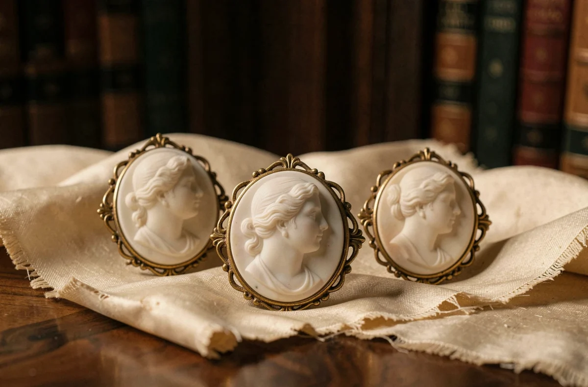 Trois camées antiques en coquille avec portraits féminins classiques posés sur tissu de soie ivoire, bijoux symboliques et historiques