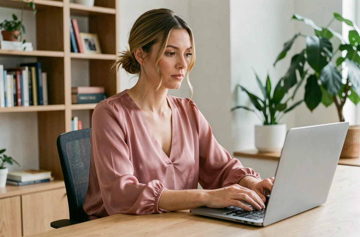 Femme en chemisier en soie rose travaillant à son bureau dans un espace de travail moderne à domicile