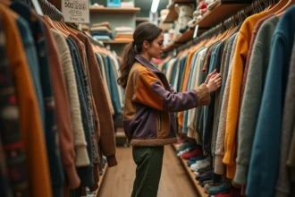 Jeune femme qui chine des vêtements tendance dans une friperie en 2026, explorant des portants remplis de pièces colorées à petit prix