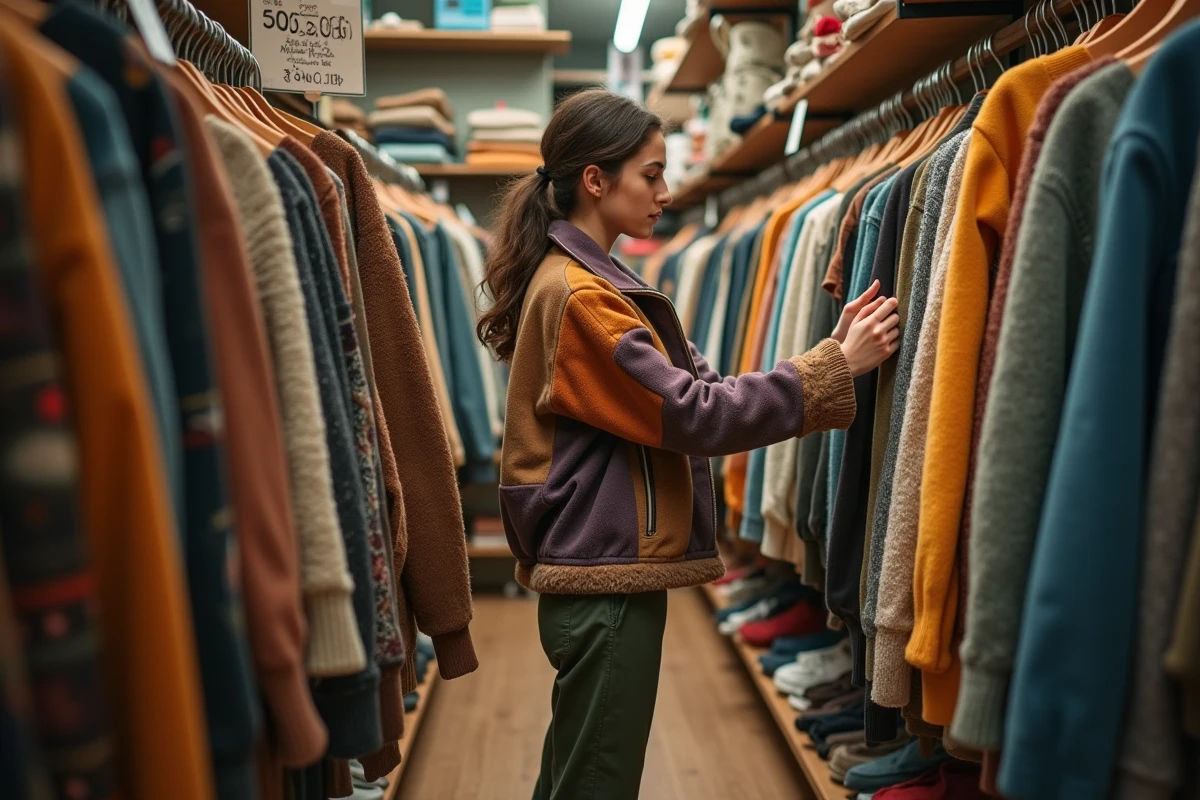 Jeune femme qui chine des vêtements tendance dans une friperie en 2026, explorant des portants remplis de pièces colorées à petit prix