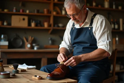 Homme cirant des chaussures en cuir Oxford &agrave; la maison avec une brosse et du cirage brun sur un &eacute;tabli en bois