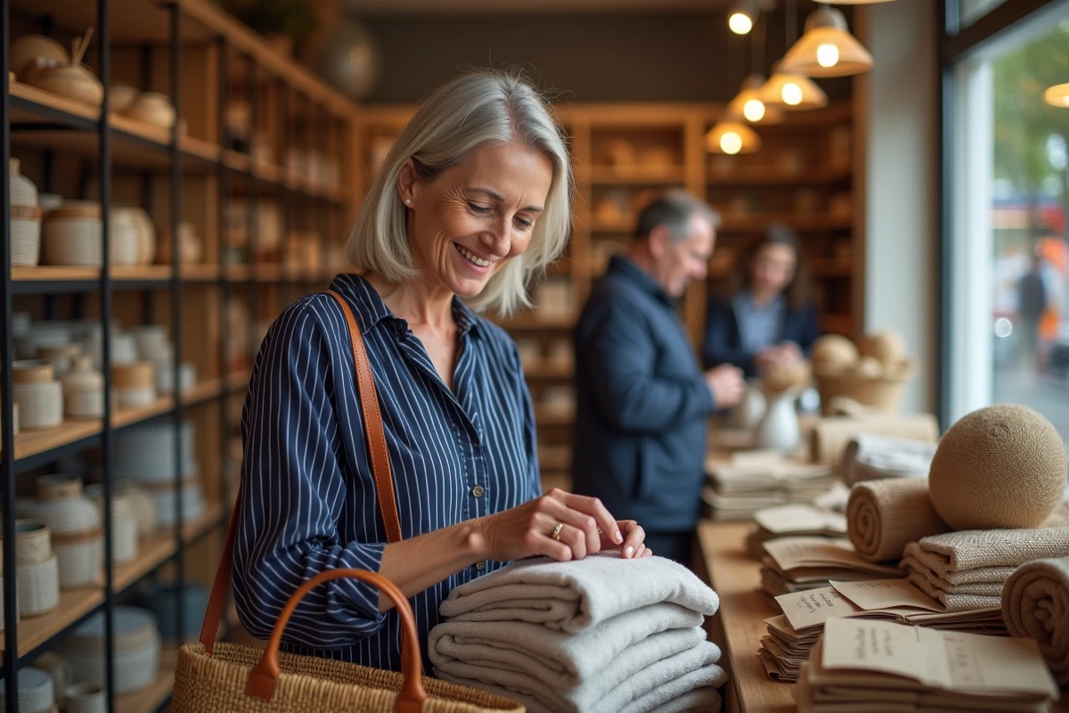 Cliente en train de faire son shopping local dans la boutique Pilou Givors, parcourant des produits artisanaux avec un panier en osier