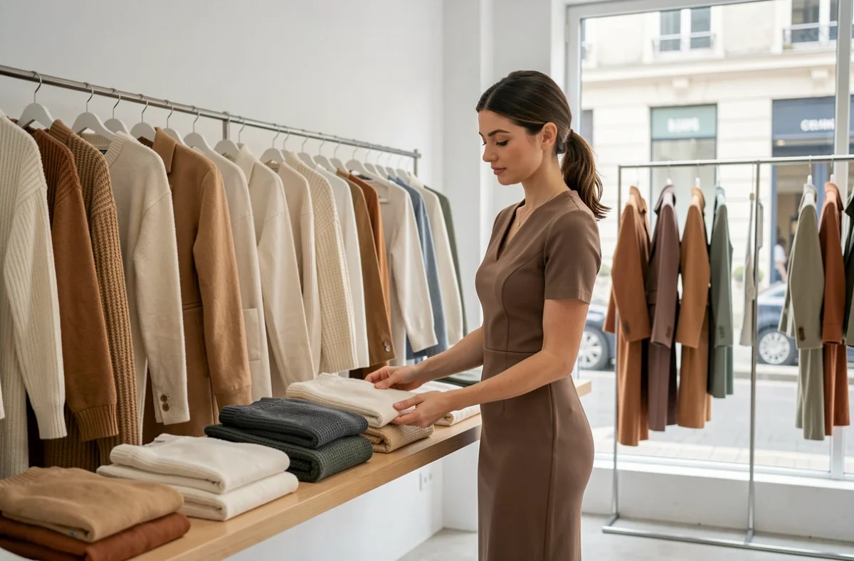 Intérieur minimaliste de la boutique Close à Clermont-Ferrand avec des vêtements féminins épurés en tons neutres