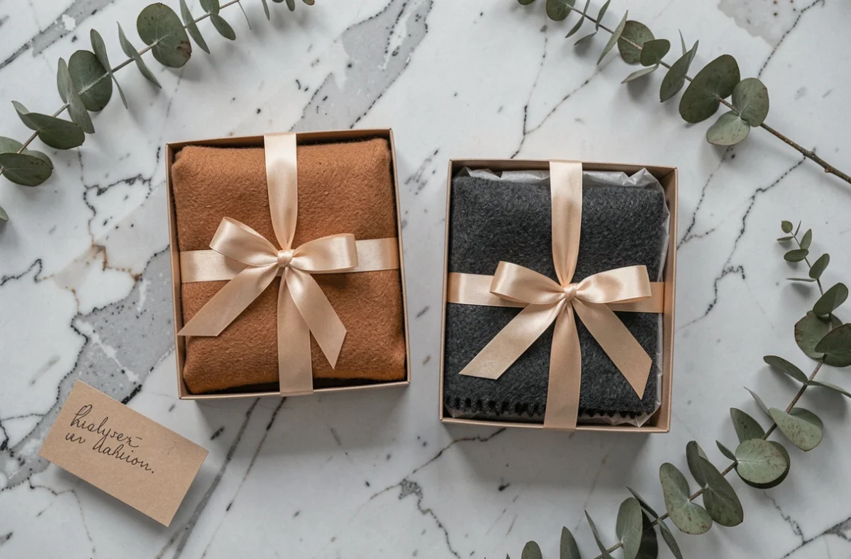 Coffrets cadeaux de luxe contenant une écharpe en cachemire et un châle pashmina sur marbre