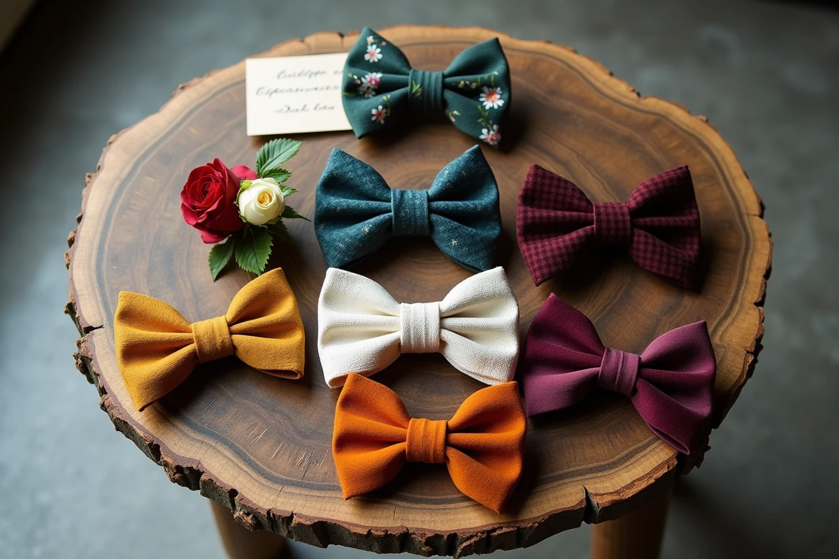 Cinq nœuds papillons originaux pour témoins de mariage disposés en flat-lay sur une table en bois rustique, avec boutonnière et carte de mariage manuscrite