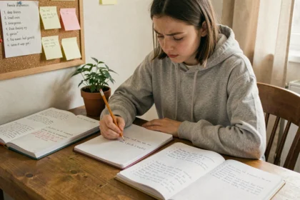 Collégienne révisant les règles d'orthographe ma et m'a dans un cahier de français à son bureau