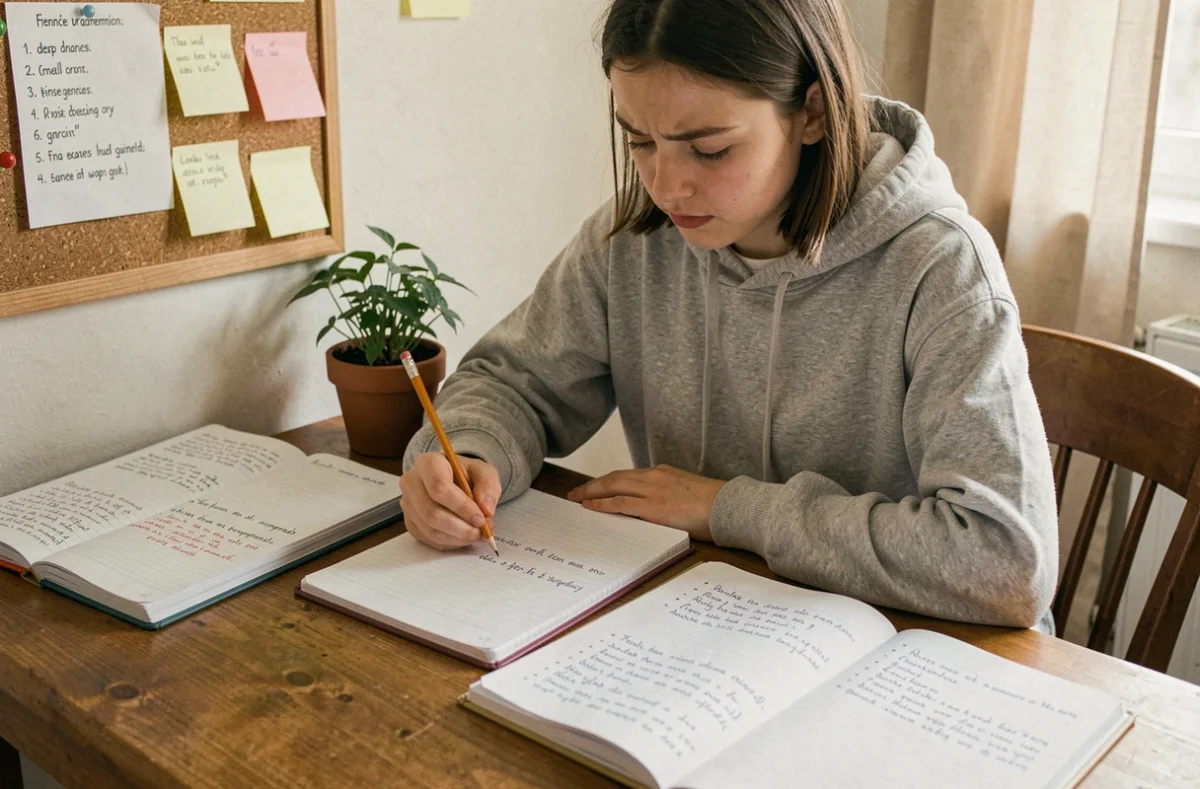 Collégienne révisant les règles d'orthographe ma et m'a dans un cahier de français à son bureau