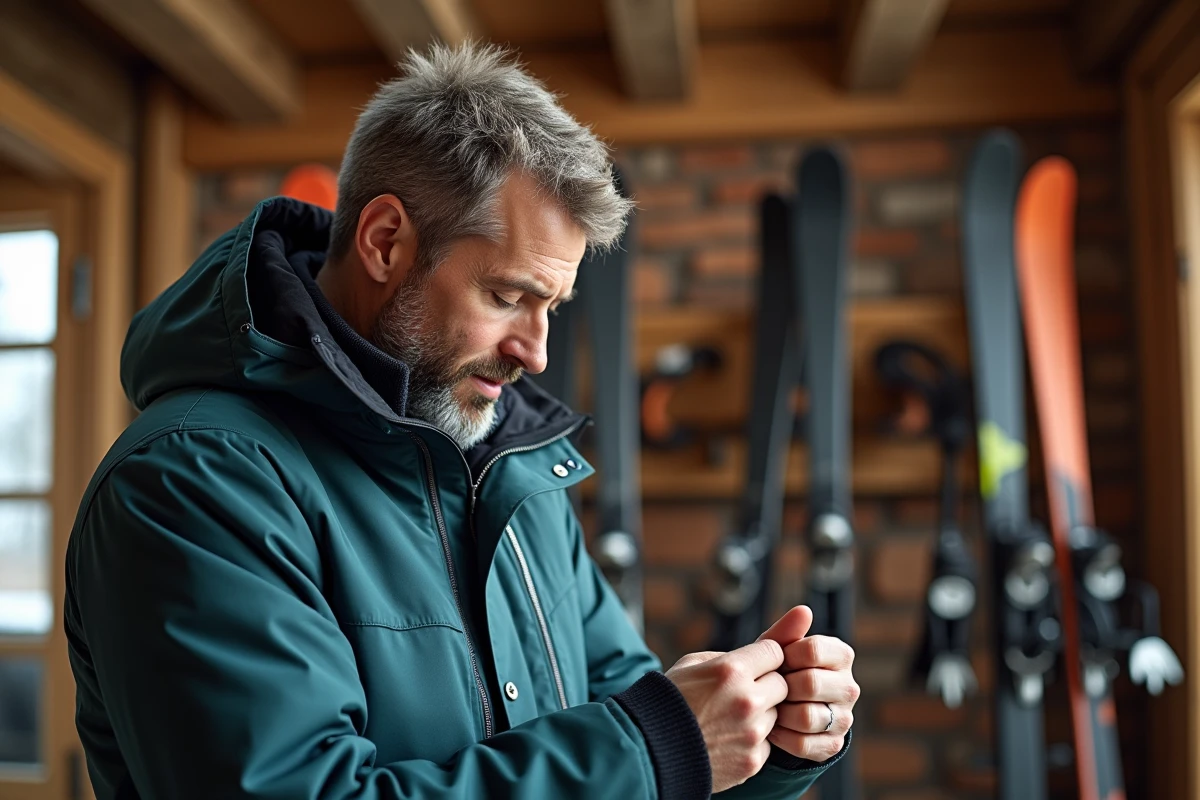 Homme examinant les finitions d'une combinaison de ski technique dans une boutique de vêtements de ski haut de gamme en chalet alpin