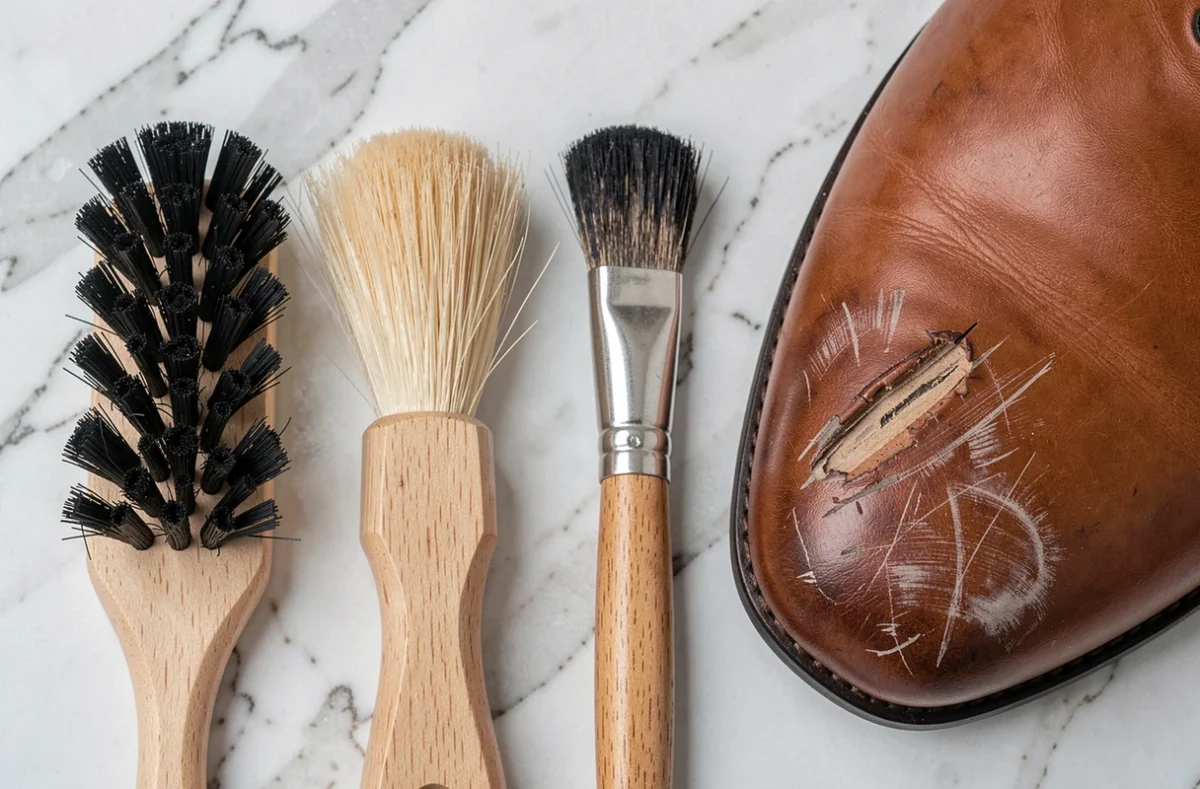 Comparaison de brosses à chaussures sur marbre blanc avec un soulier en cuir lisse abîmé montrant des erreurs d'entretien