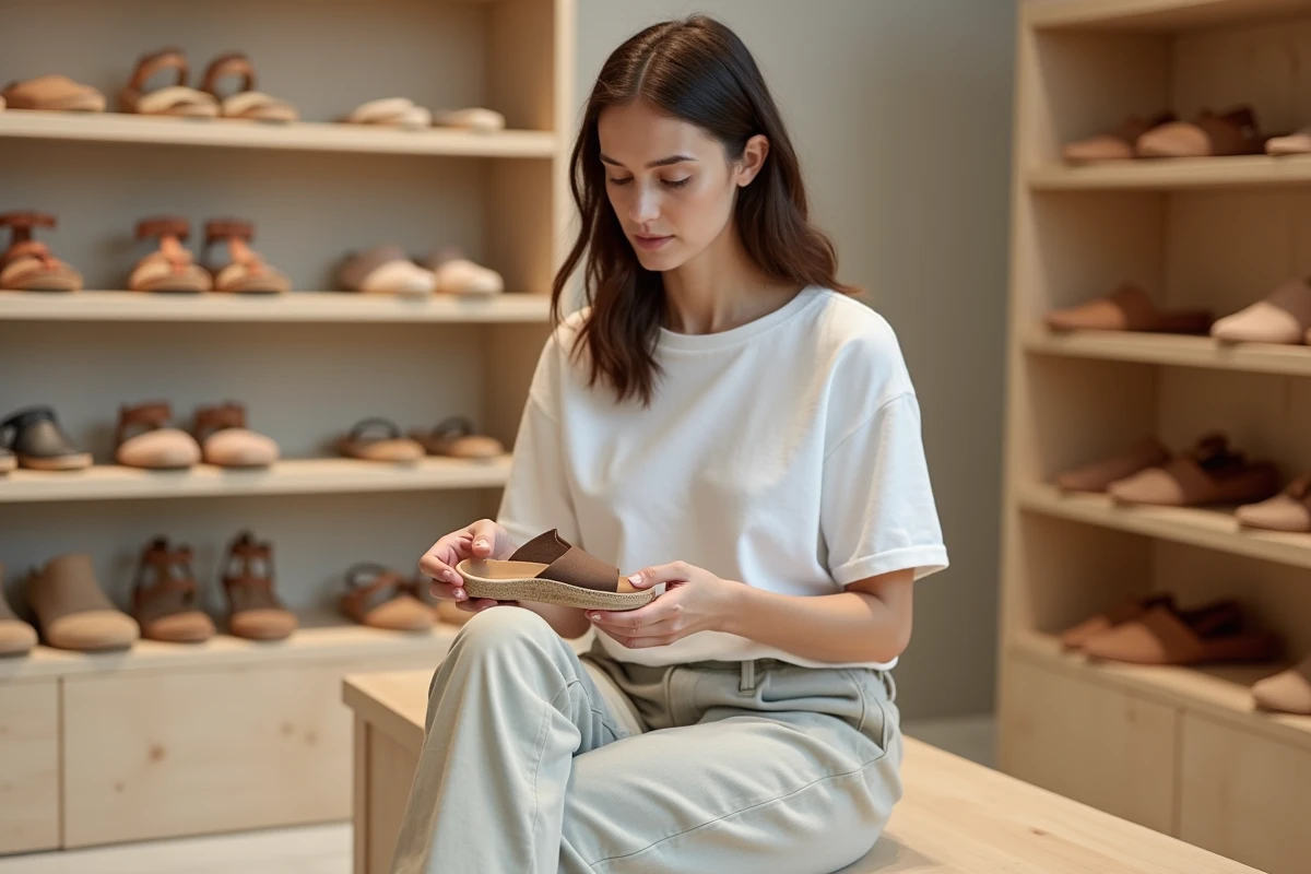 Femme comparant deux sandales à semelles anatomiques dans une boutique de chaussures minimaliste