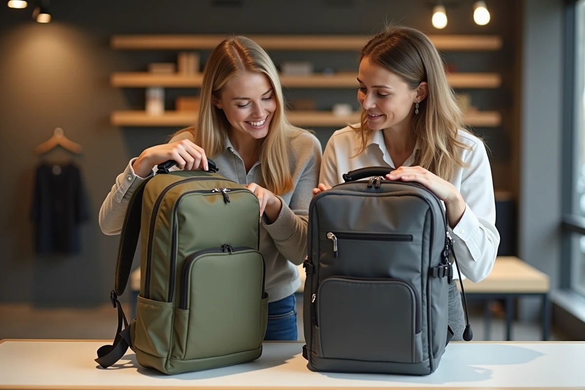 Deux femmes comparant des sacs à dos pour ordinateur portable dans une boutique d'accessoires