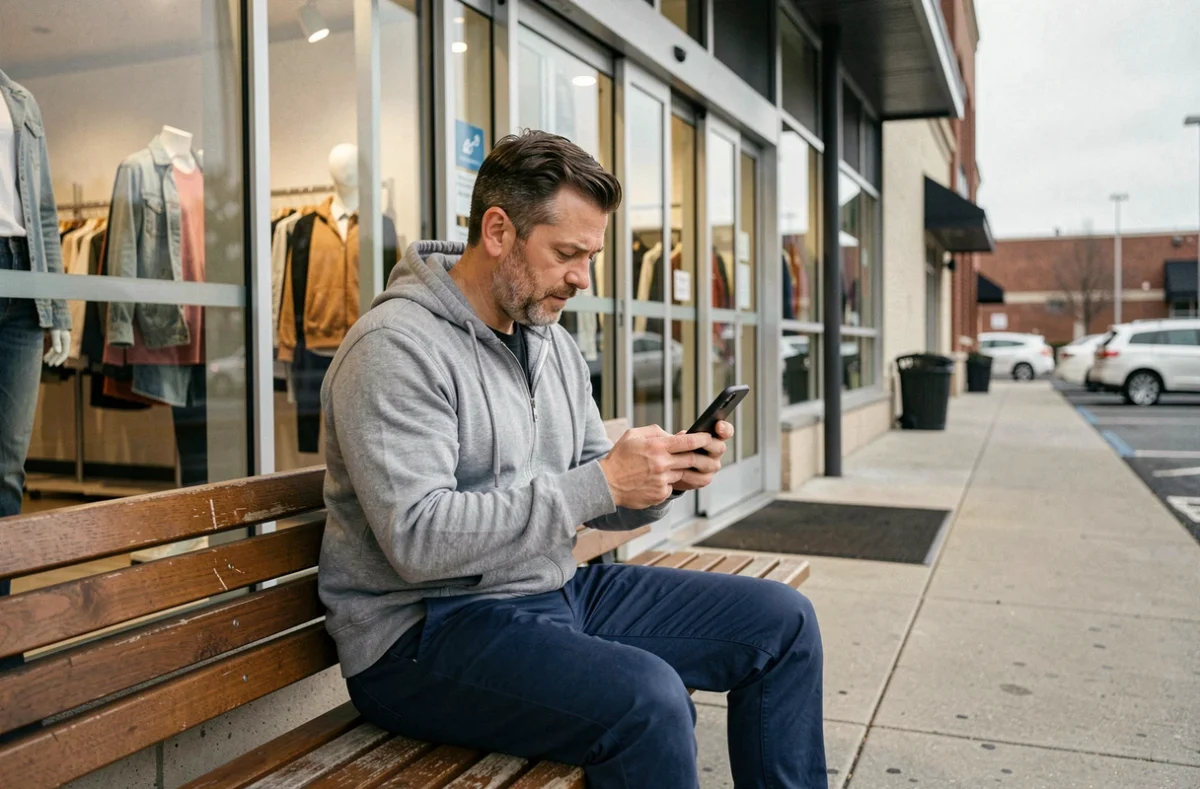 Homme consultant le service client de C&A Noyelles-Godault sur son smartphone devant l'entrée du magasin