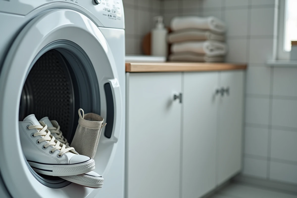Paire de Converse blanches placée dans le tambour d'un lave-linge avant lavage en machine