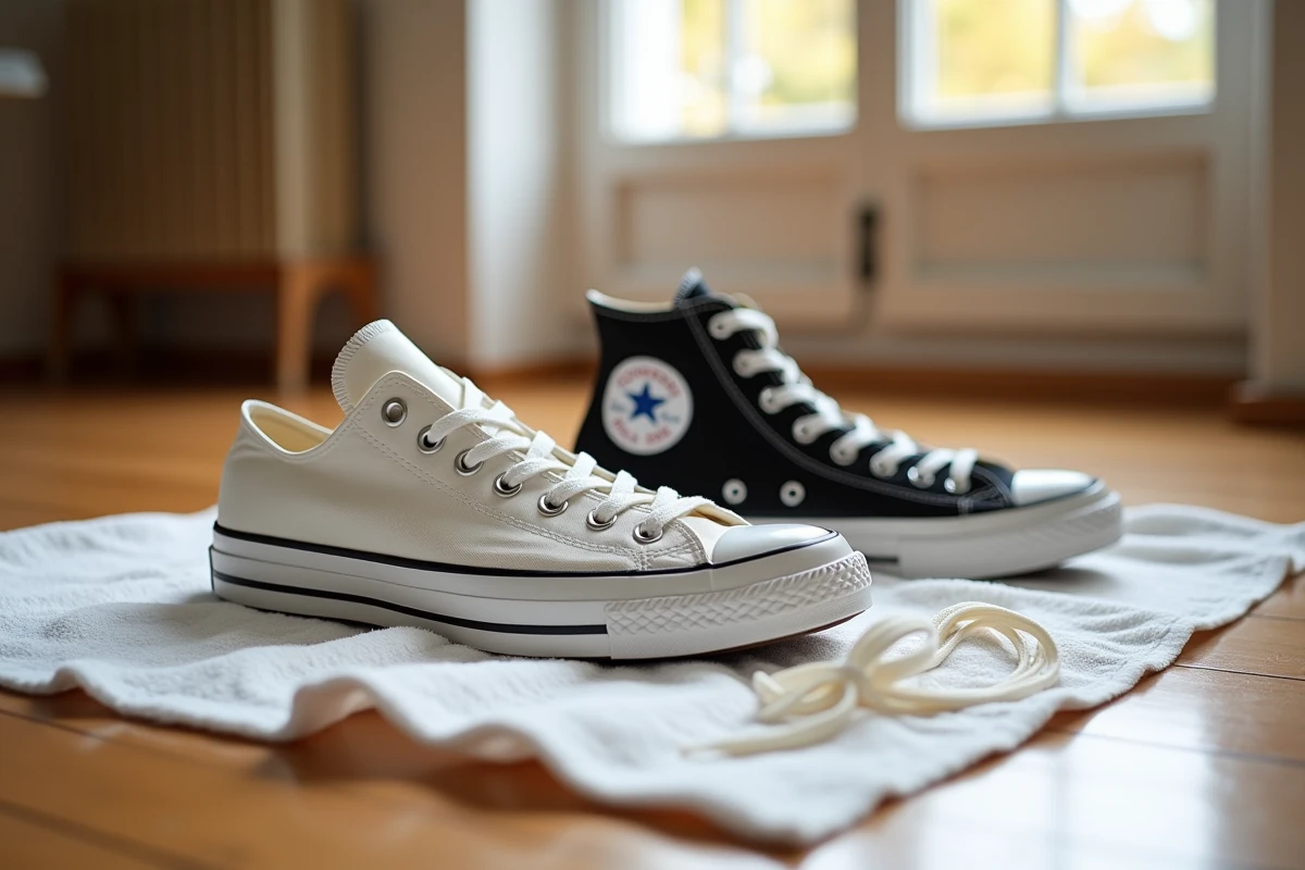 Deux paires de Converse propres séchant à plat sur une serviette en coton après un lavage en machine