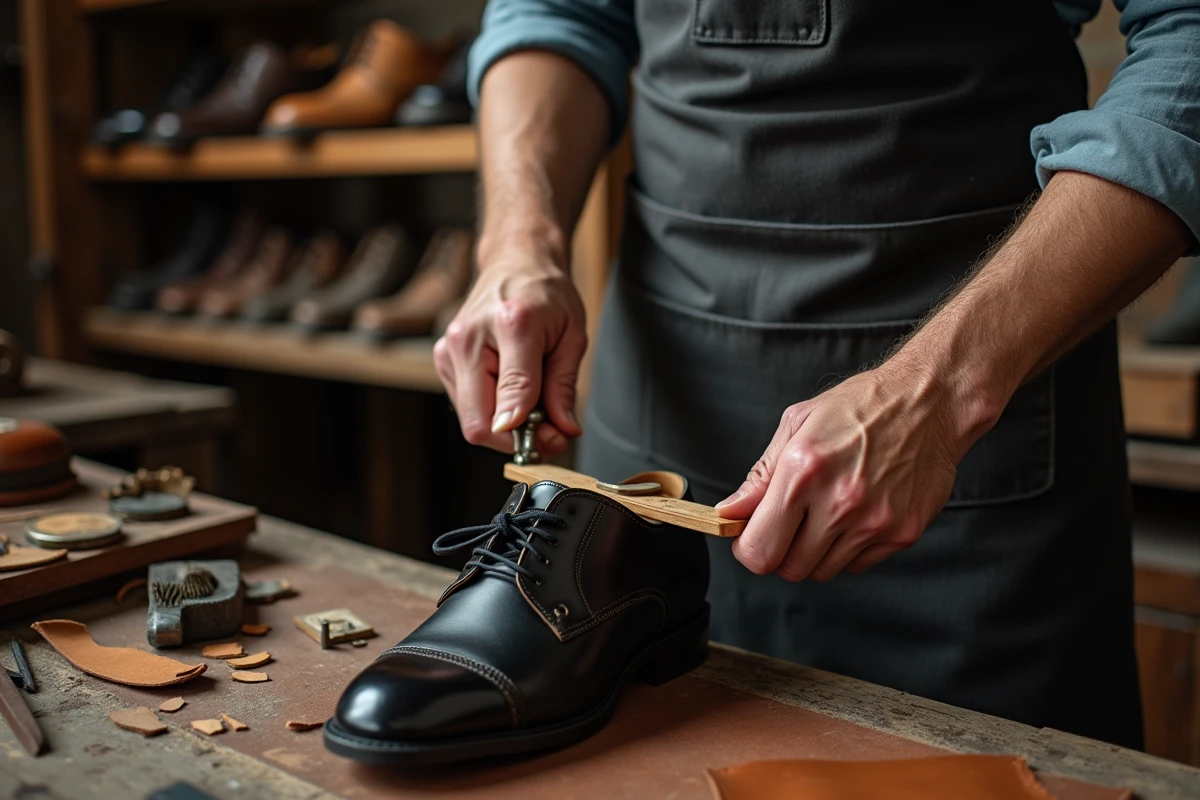 Cordonnier utilisant un embauchoir en bois pour élargir une chaussure en cuir dans son atelier
