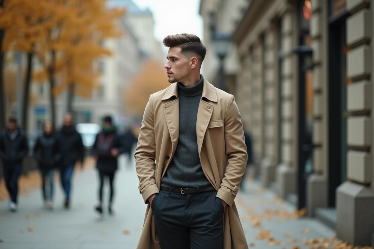 Jeune homme avec une coupe couronne moderne en plein air dans une rue urbaine en automne, vêtu d'un manteau beige