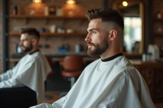 Homme aux cheveux courts avec une coupe fade moderne assis dans un salon de coiffure contemporain