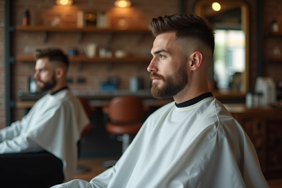 Homme aux cheveux courts avec une coupe fade moderne assis dans un salon de coiffure contemporain