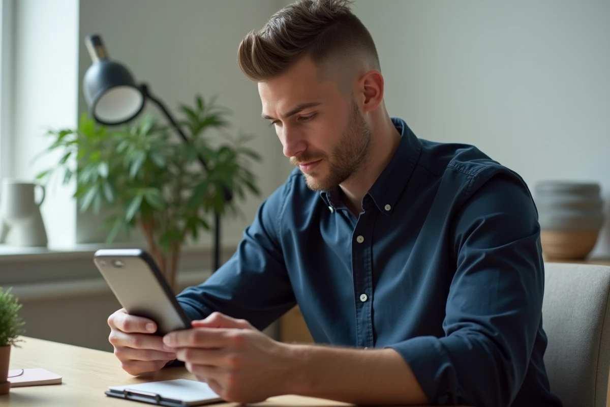 Homme avec une coupe undercut courte et nette regardant un miroir dans un appartement moderne au style scandinave