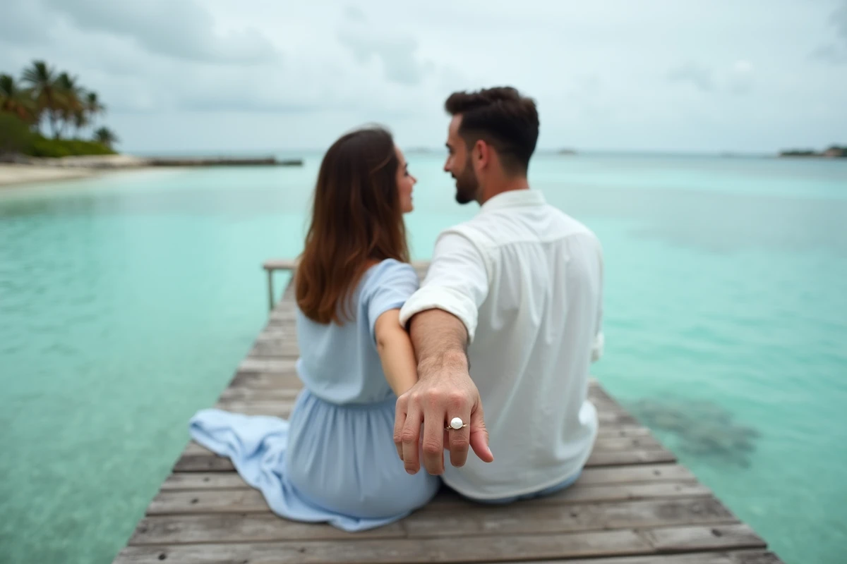 Couple sur un ponton en bois au-dessus d'un lagon tahitien, bague de fiançailles en perle noire de Tahiti au doigt